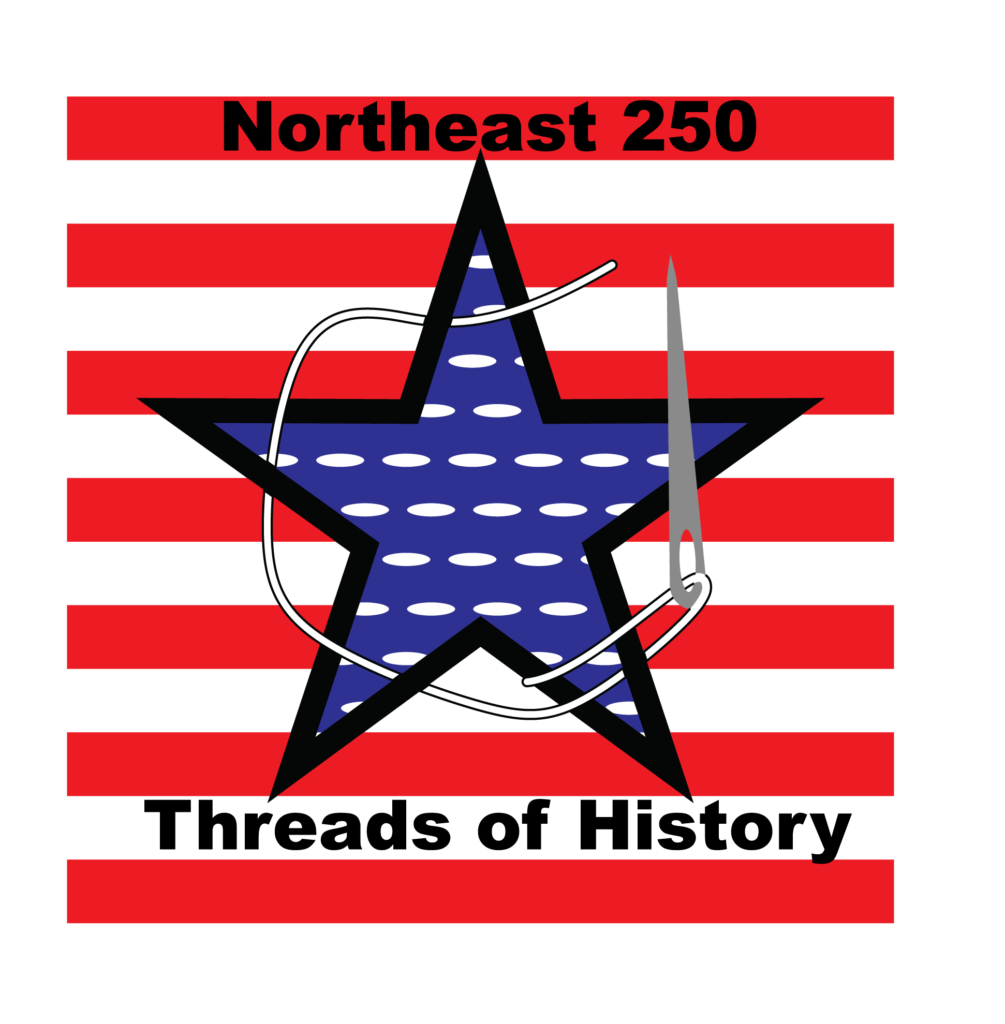 a blue star on a background of red and white stripes with the text Northeast 250- Threads of History